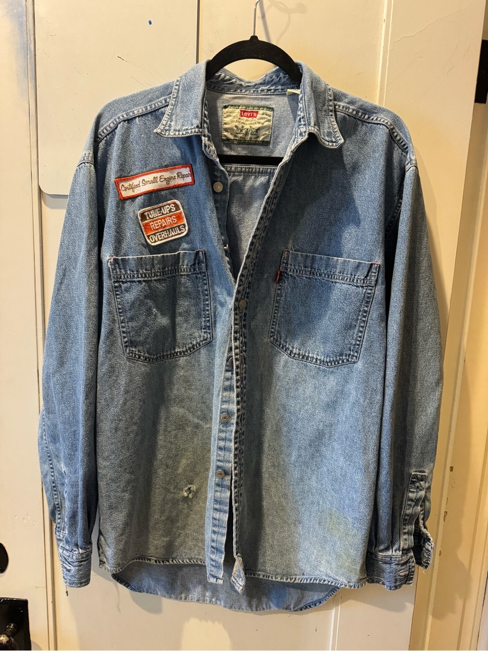 Vintage 90s Levi’s Denim Work Shirt Button Up Distressed Grunge Patch Shirt